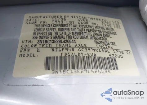 2009 Nissan Versa 1.8S z USA, uszkodzony, nr VIN 3N1BC13E29L426644